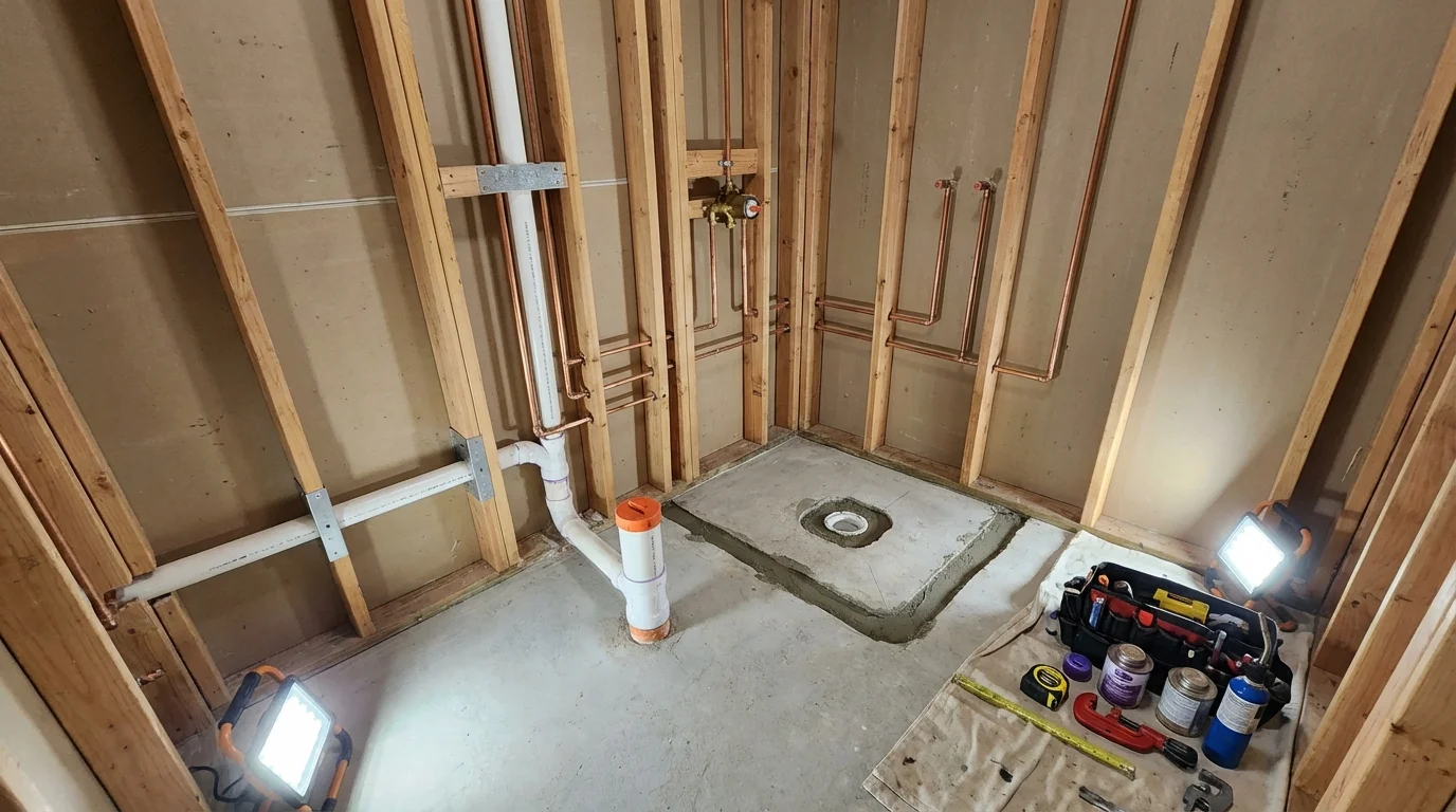 Bathroom rough-in plumbing during remodel by Johns Plumbing LLC in Millington
