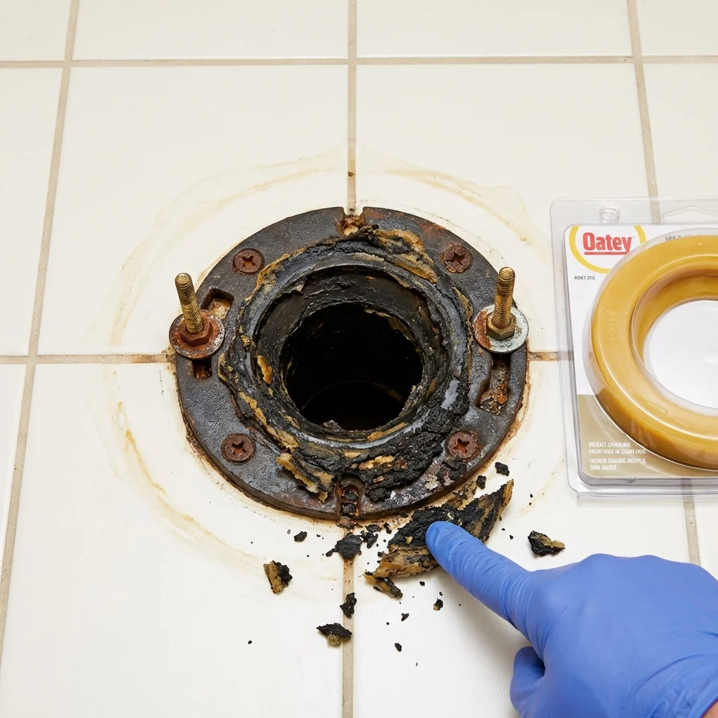 Failed wax ring showing water seepage at the base of a toilet in a Millington, MI home