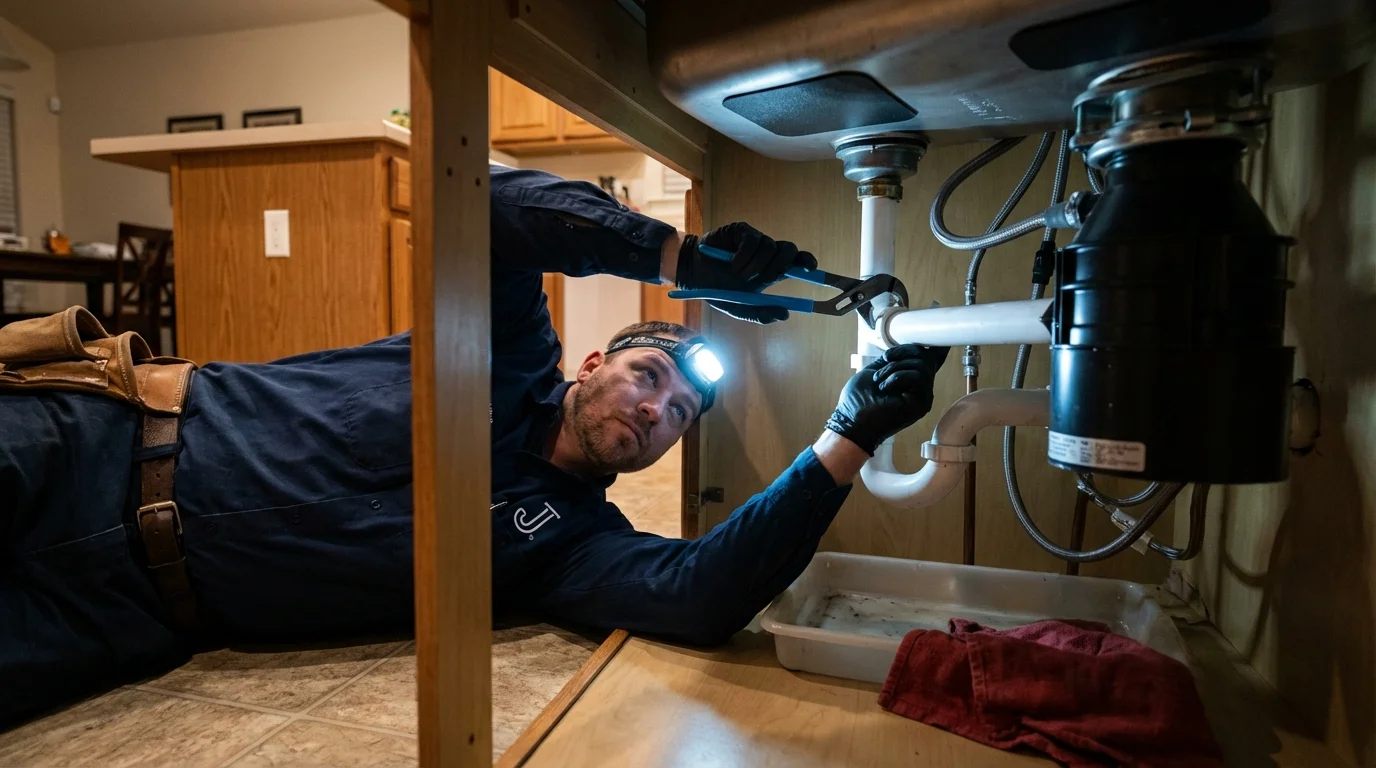 P-trap and supply line connections under a kitchen sink showing a common leak point in Millington, MI